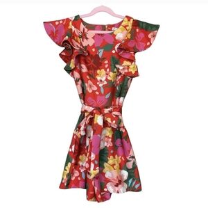 GB Girls | Girls Bright Red and Floral Print Belted Romper | Size: 14Y